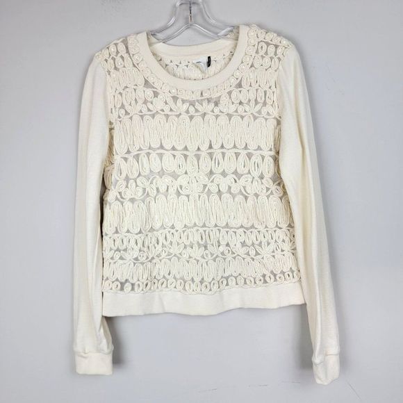 Anthropologie AKEMI + KIN Beige Cotton Mesh Embroidered Sequins Crew Neck Top S - Picture 1 of 10